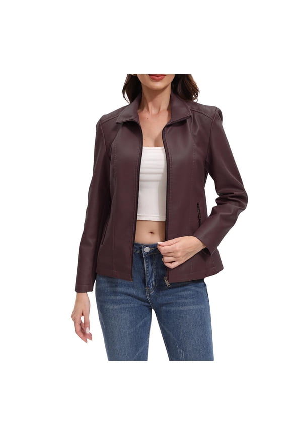 Women's Faux Leather Jacket with Zipper Pockets Motorcycle Fashion Zip Up Coat Trendy Going Out Jackets