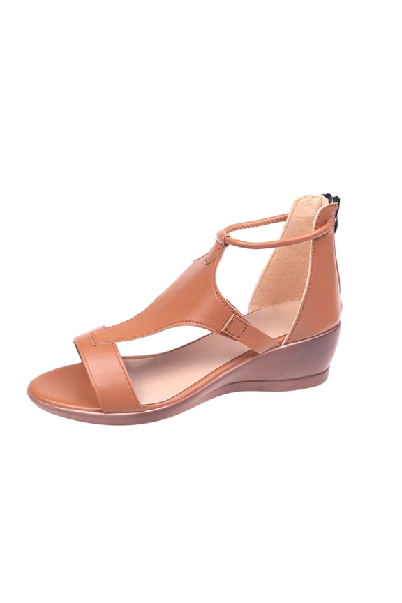 Women's Faux Leather Wedge Heel Sandals Cutout T-Strap Slingback Open Toe Walking Shoes