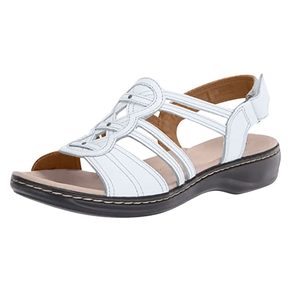 CHUMUD Women's Faux Leather Wedge Sandals Decorative Stitching Strappy Slingback Open Toe Walking Shoes