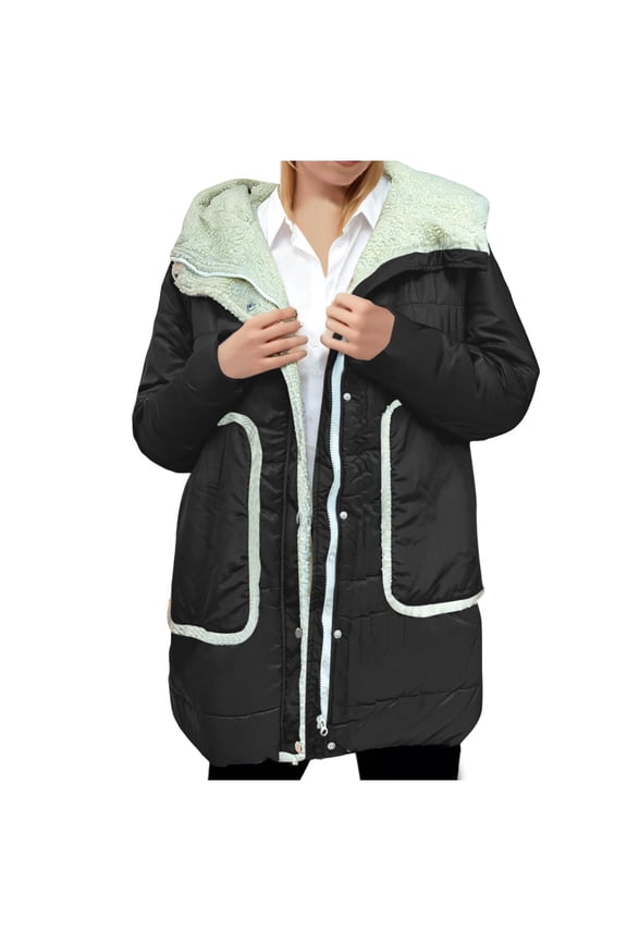 Women's Fleece Lined Parka Jacket Mid-Length Hooded Winter Outerwear Snap and Zip Front Warm Snow Parka Coat with Belt