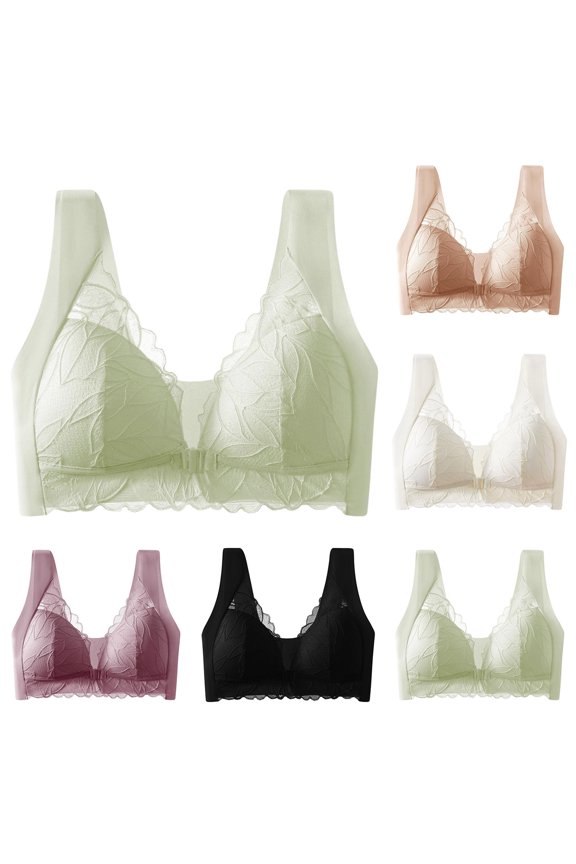 Women's Front Closure Bra Wireless Comfort Wide Straps Sheer Floral Lace Bralette