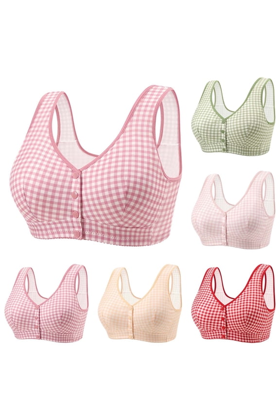Women's Full Coverage Front Button Closure Wireless Bra Supportive Wide Straps Cute Plaid Comfort Option