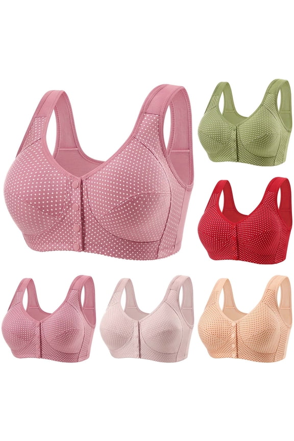 Women's Full Coverage Front Button Closure Wireless Bra Supportive Wide Straps Cute Polka Dots Comfort Option