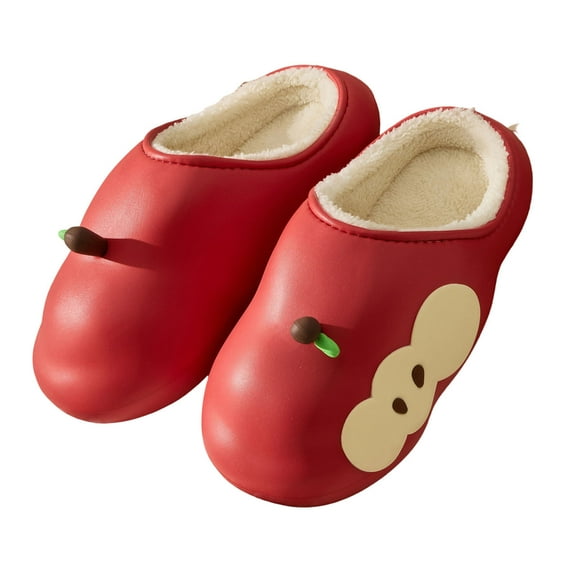 CHUMUD Women's Fur Lined Warm Fuzzy Slippers Cute Cartoon Apple Shape Winter Waterproof Anti-slip House Slippers Indoor Outdoor