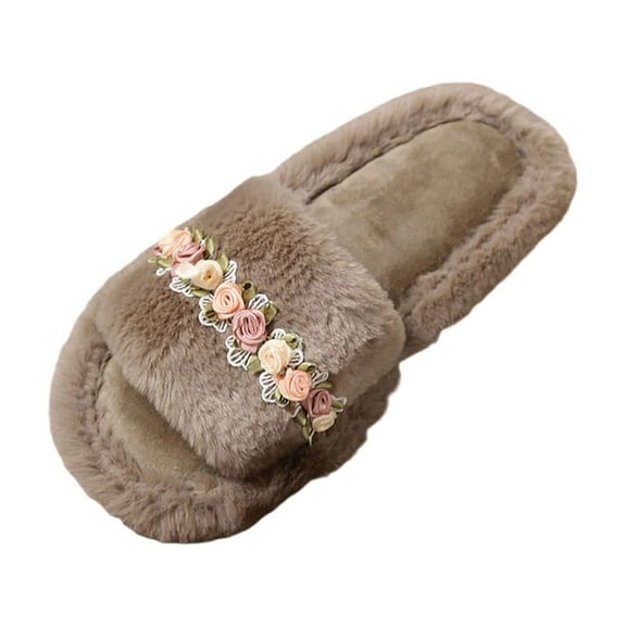 CHUMUD Women's Furry Fur Slides Fuzzy Fluffy Plush Open Toe House Slippers Floral-embellished Cozy Flat Shoe Indoor Outdoor