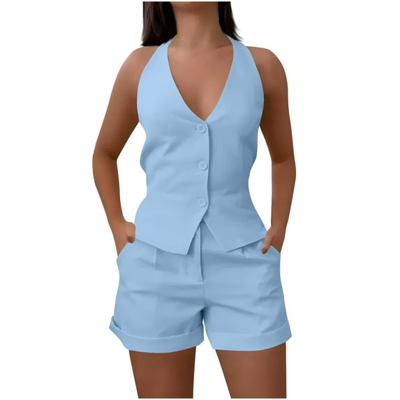 CHUMUD Women's Halter Blazer Vest Formal Business Dress Suits V-Neck Vintage Waistcoats and Flat Front Shorts Sets Summer Casual Going Out
