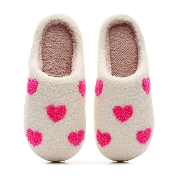 CHUMUD Women's Heart-shaped Print Fluffy Slippers - Warm, Cozy, Plush Fuzzy Cushion Slip-On House Slippers, Valentine's Day Gift