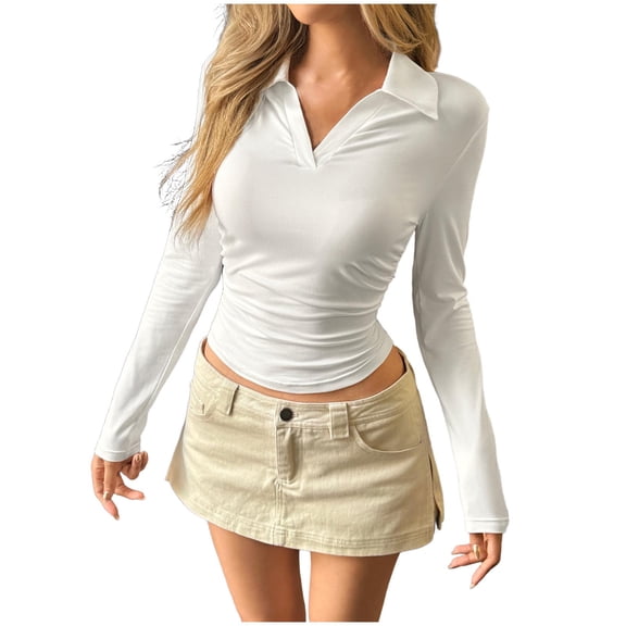 CHUMUD Women's Knit Cotton Tops V Neck Collared Long Sleeve Shirts Ruched Slim Fitted Basic Fall Blouses for Business Casual Work