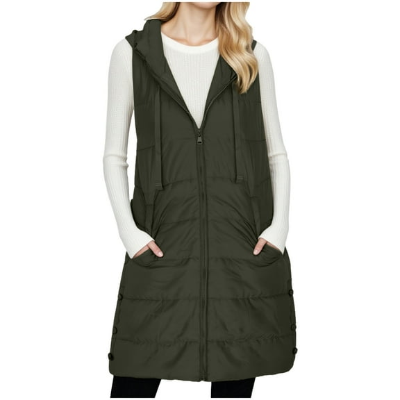 CHUMUD Women's Long Quilted Puffer Vest Sleeveless Hooded Zi-up Padded Coats Winter Puffer Jacket Outwear with Pockets
