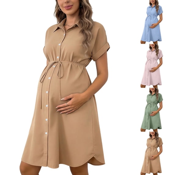 CHUMUD Women's Maternity Dress Short Sleeve Belted Button Up Shirtdress Pregnancy Dresses