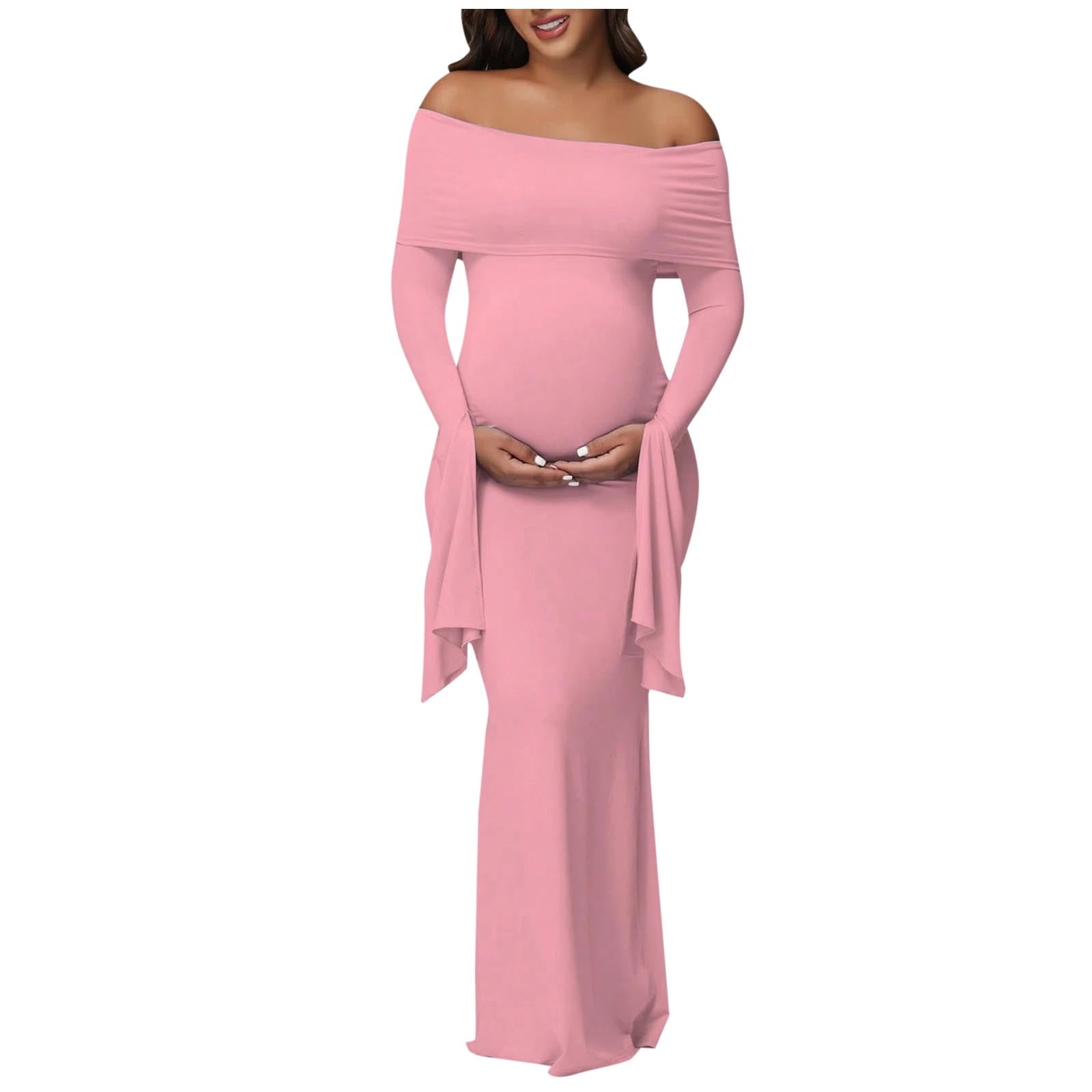 women's light pink off the shoulder dress for pregnancy Loomaby Elegant White Color Block Maternity Dress,Summer Pregnant Women Baby Shower Dress,Gender Reveal Party Outfit,Spring Dresses PinkBlush Petite Pink Solid Off