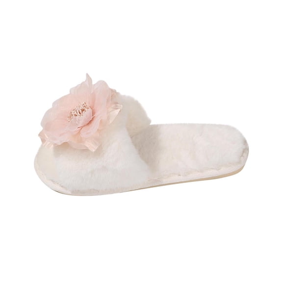CHUMUD Women's Open Toe House Slippers Floral Inlay Plush Slippers Winter Fluffy Slip On Bedroom Shoes Indoor Outdoor