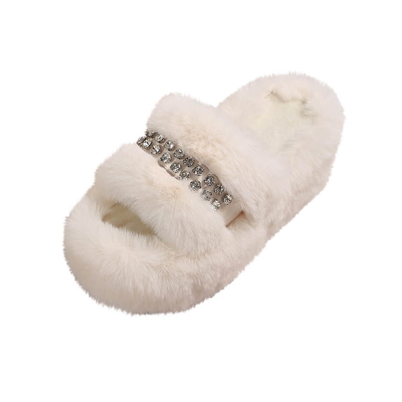 CHUMUD Women's Open Toe Platform Slippers – Fluffy Cozy Indoor Outdoor Slip-On House Shoes Pearl-Embellished