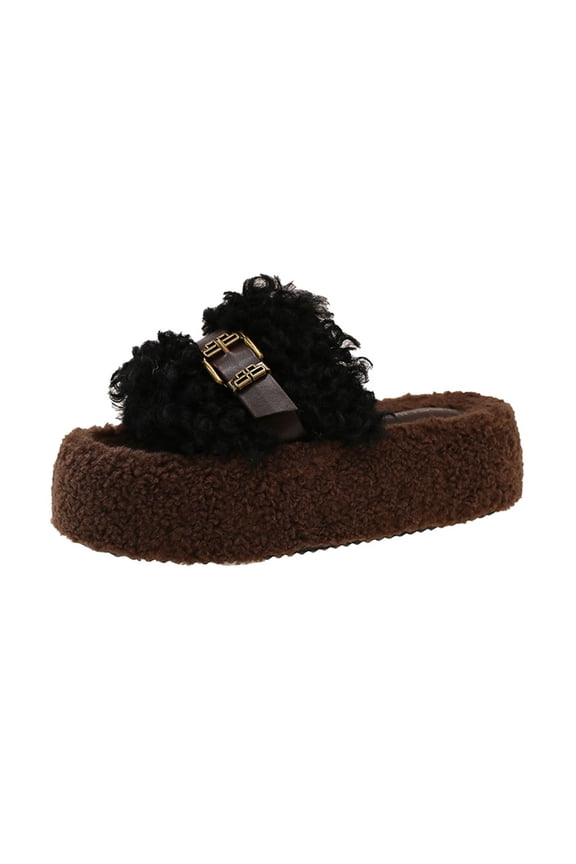 Women's Open Toe Platform Slippers Shearling-Lined Slip-On Slippers with Buckle Winter Fluffy House Bedroom Shoes
