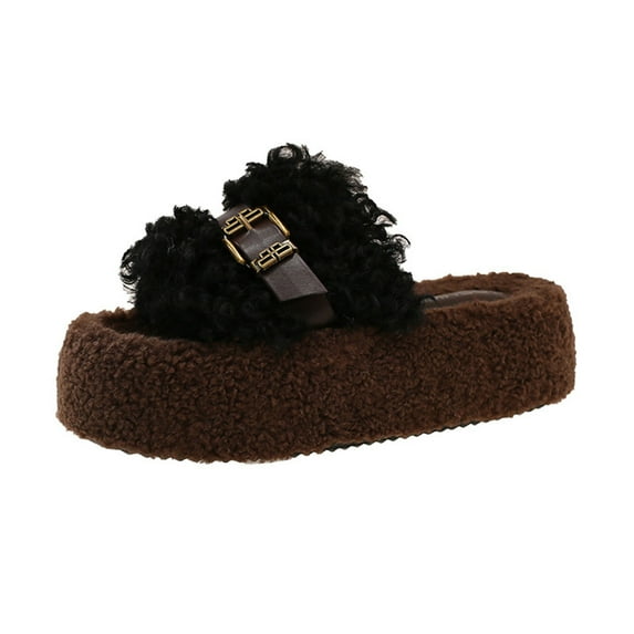 CHUMUD Women's Open Toe Platform Slippers Shearling-Lined Slip-On Slippers with Buckle Winter Fluffy House Bedroom Shoes