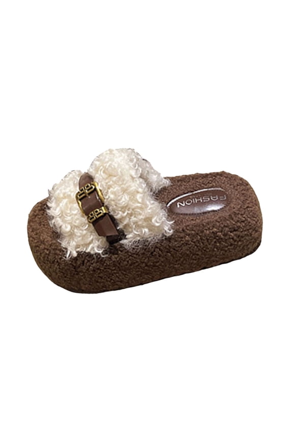 Women's Open Toe Platform Slippers Shearling-Lined Slip-On Slippers with Buckle Winter Fluffy House Bedroom Shoes