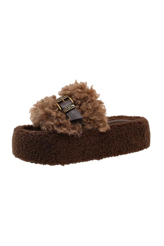 Women's Open Toe Platform Slippers Shearling-Lined Slip-On Slippers with Buckle Winter Fluffy House Bedroom Shoes