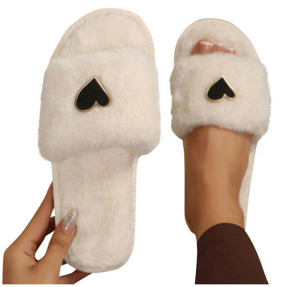 CHUMUD Women's Open Toe Plush Slippers Heart-Embroidered Indoor House Slippers Bride and Bridesmaid Gifts, for Wedding and Bachelorette Party