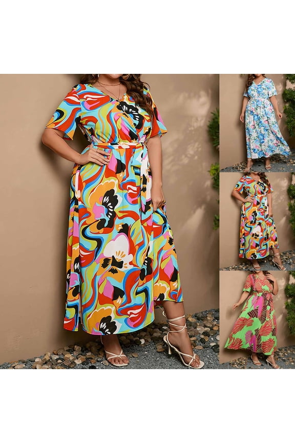 Women's Plus Size Floral Maxi Dress V-Neck Short Sleeves High Waist Bow Tie Long Dresses Vacation Mom Dress