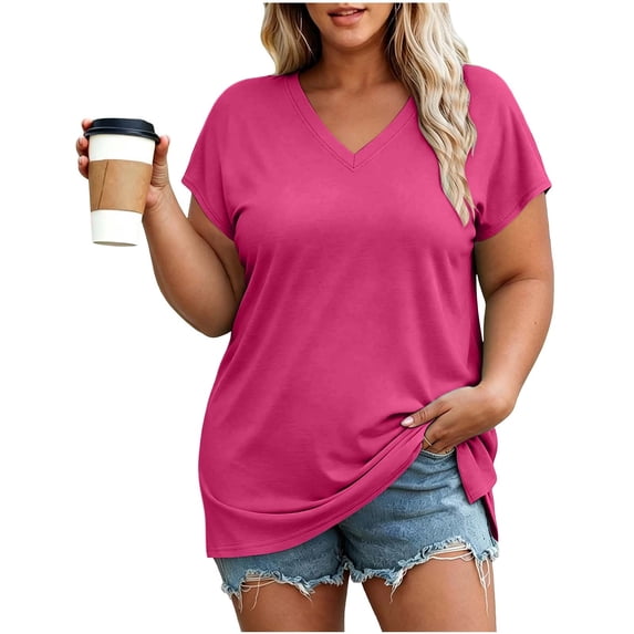 CHUMUD Women's Plus Size V-Neck T-Shirt Short Sleeve Side Slit Casual Top XL-5XL