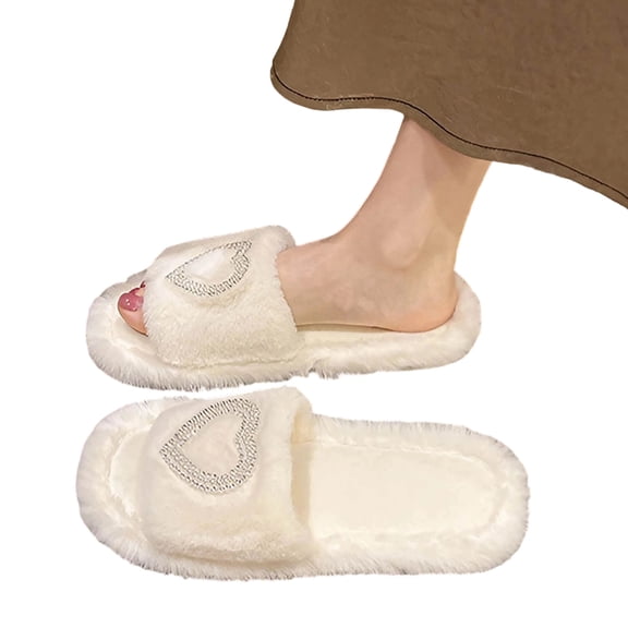 CHUMUD Women's Plush Open-Toe Slides with Love Heart Detail, Cozy Indoor Wide Fit Mules, Valentine Gift Slippers for Her