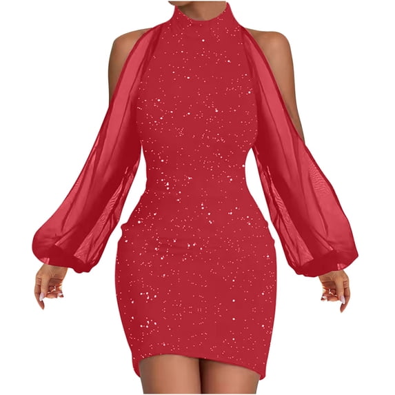 CHUMUD Women's Ruched Bodycon Short Dress Sheer Mesh Long Sleeve Mock Turtleneck Sequin Mini Cocktail Club Party Dresses Summer Casual