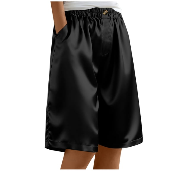 CHUMUD Women's Satin Silky Shorts Casual Wide-Leg Bermuda Shorts Elastic Waist Buttons Summer Edition with Pockets