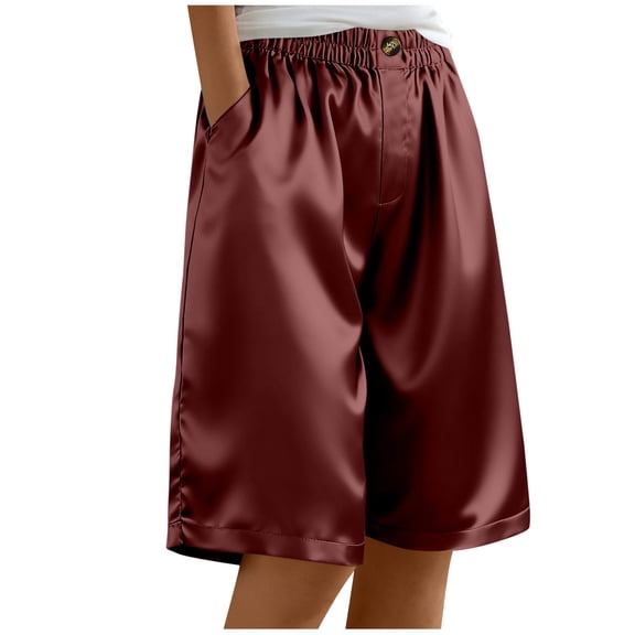 CHUMUD Women's Satin Silky Shorts Casual Wide-Leg Bermuda Shorts Elastic Waist Buttons Summer Edition with Pockets