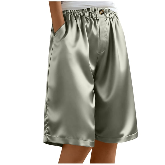 CHUMUD Women's Satin Silky Shorts Casual Wide-Leg Bermuda Shorts Elastic Waist Buttons Summer Edition with Pockets