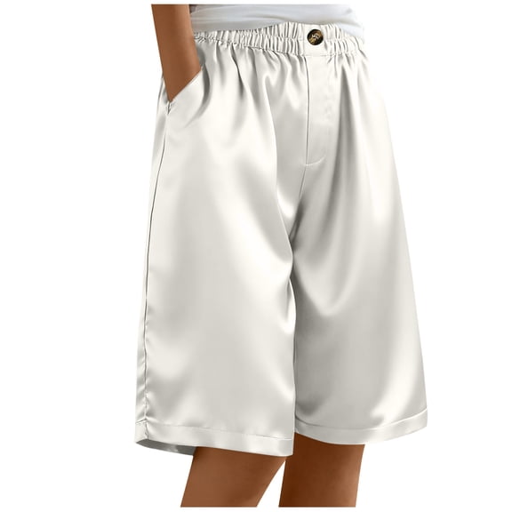 CHUMUD Women's Satin Silky Shorts Casual Wide-Leg Bermuda Shorts Elastic Waist Buttons Summer Edition with Pockets