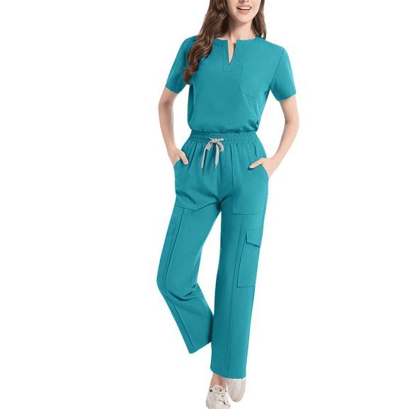CHUMUD Women's Scrub Set - Notched V-Neck Scrub Top & Straight-Leg Pants, with 5 Pockets, 4-Way Stretch Medical Uniform Set