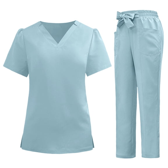 CHUMUD Women's Scrubs Set - V Neck Short-sleeve Top and Bow Tie Cargo Pants Sets, Workwear for Nurses and Veterinary Clinics