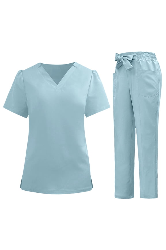 Women's Scrubs Set - V Neck Short-sleeve Top and Bow Tie Cargo Pants Sets, Workwear for Nurses and Veterinary Clinics
