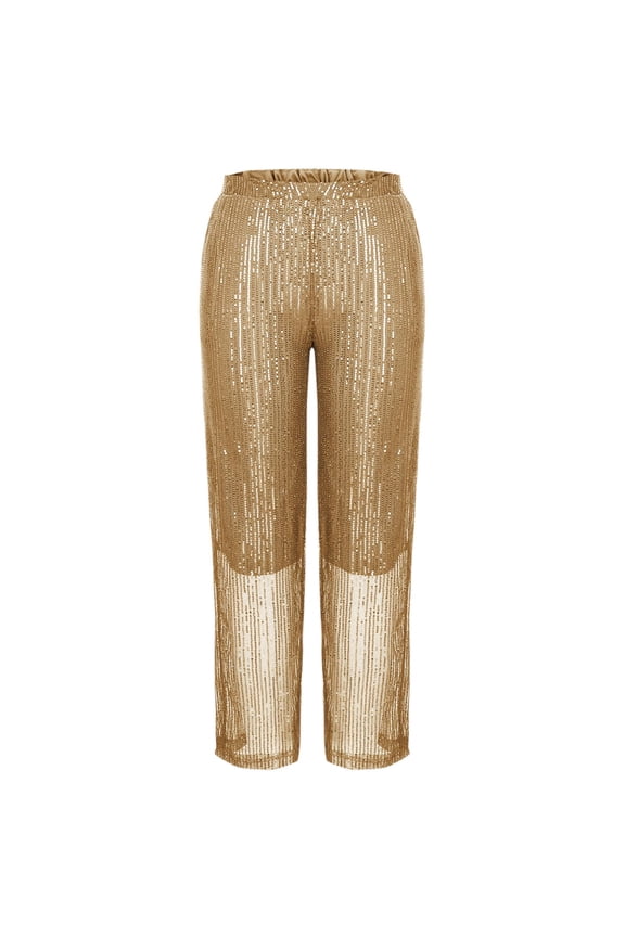 Women's Sequin Pants Shiny Sparkly Night Out Metallic Casual High Waist Straight Leg Trousers Party Disco Clubwear
