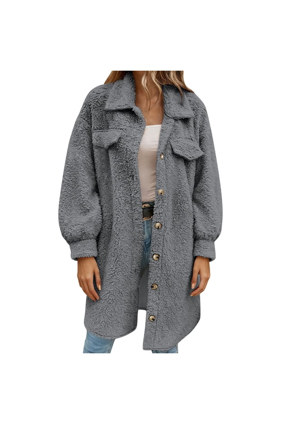 Women's Sherpa Fleece Jacket Casual Lapel Collar Fuzzy Teddy Shacket Winter Warm Coat Button Down Mid-length Outwear