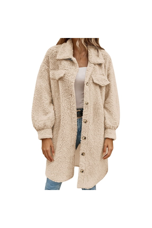 Women's Sherpa Fleece Jacket Casual Lapel Collar Fuzzy Teddy Shacket Winter Warm Coat Button Down Mid-length Outwear