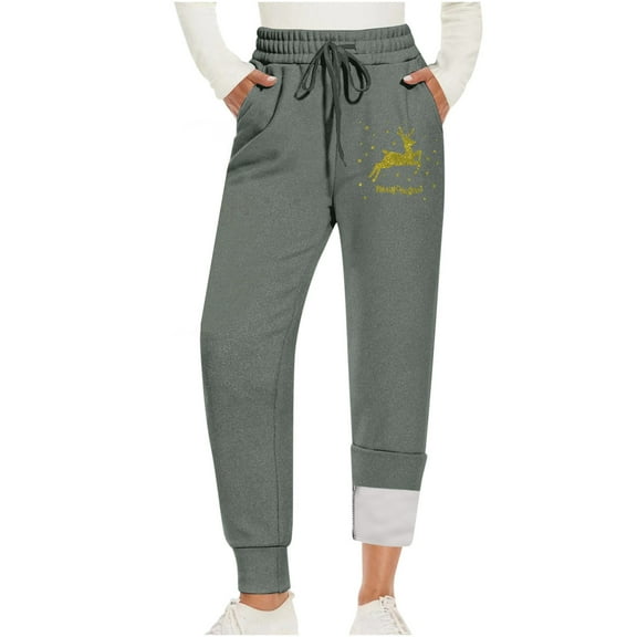CHUMUD Women's Sherpa Fleece Lined Joggers Christmas Reindeer Print Winter Thermal Sweatpants with 2 Pockets & Drawstring