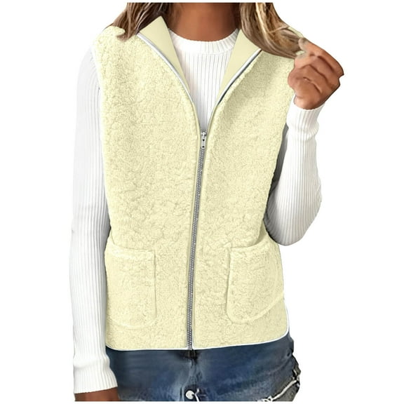 CHUMUD Women's Short Sherpa Vest Casual Warm Fleece Fuzzy Jackets Sleeveless Zip Up Cozy Vests Hooded Outerwear with Pockets