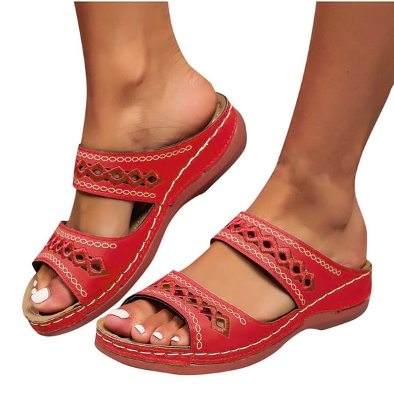 CHUMUD Women's Slide Sandals Double Strap Embroidered Cutout Open Toe Comfort Wedge Summer Shoes