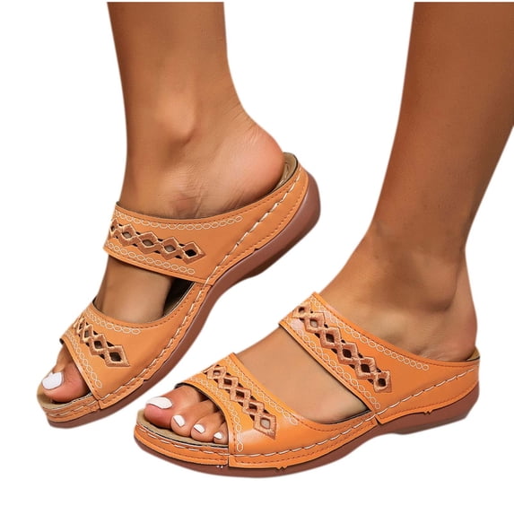 CHUMUD Women's Slide Sandals Double Strap Embroidered Cutout Open Toe Comfort Wedge Summer Shoes