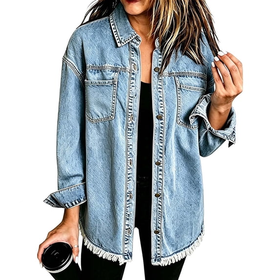 CHUMUD Women's Stretch Denim Shacket Button Down Frayed Hem Jacket Long Sleeve Casual Fall Winter Outerwear with Pocket, S-2XL