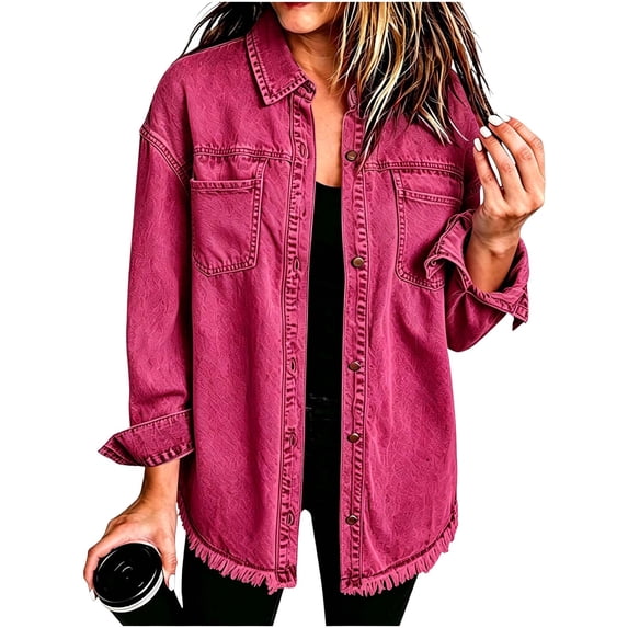CHUMUD Women's Stretch Denim Shacket Button Down Frayed Hem Jacket Long Sleeve Casual Fall Winter Outerwear with Pocket, S-2XL