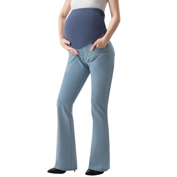 CHUMUD Women's Stretch Maternity Bootcut Jeans with Pockets Over The Belly Bell Bottoms Flare Denim Pants Pregnancy Clothes, S-XXL