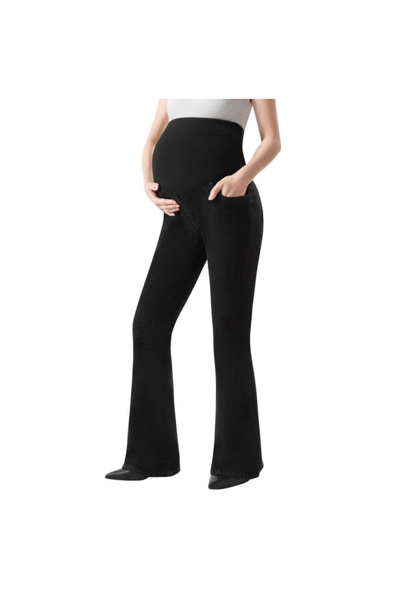 Women's Stretch Maternity Bootcut Jeans with Pockets Over The Belly Bell Bottoms Flare Denim Pants Pregnancy Clothes, S-XXL