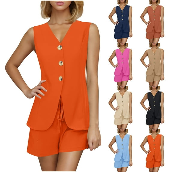CHUMUD Women's Summer Formal 2 Piece Outfits Sleeveless Matching Sets Casual Button Down V Neck Vest Tie Front Shorts Set Business Office Work