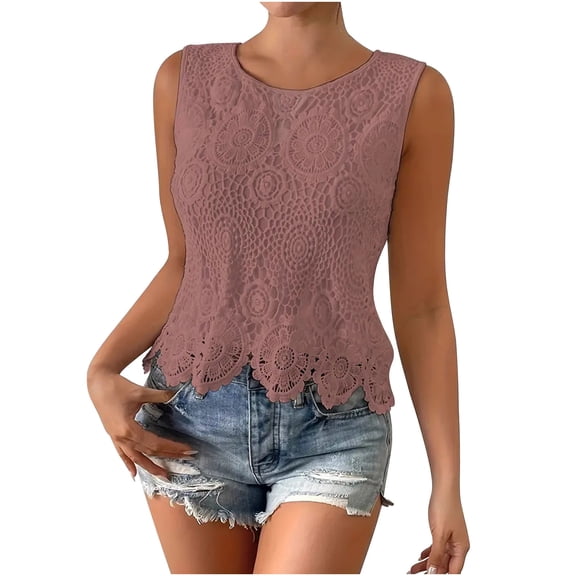 CHUMUD Women's Tank Tops Hollow Out Lace Boho Blouse Eyelet Embroidery Sleeveless Top Shirts Summer Casual Crew Neck Slim Fit