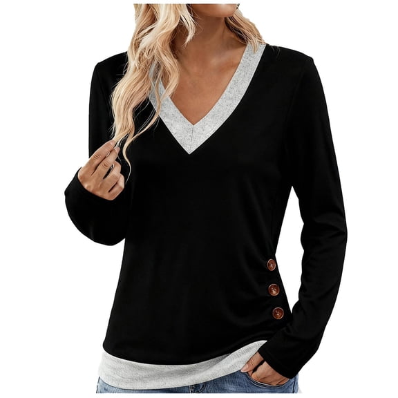 CHUMUD Women's Tops Contrast Color Trim V Neck Shirts Fall Casual Long Sleeve Blouses Side 3 Button Design Dressy Tunic Tops