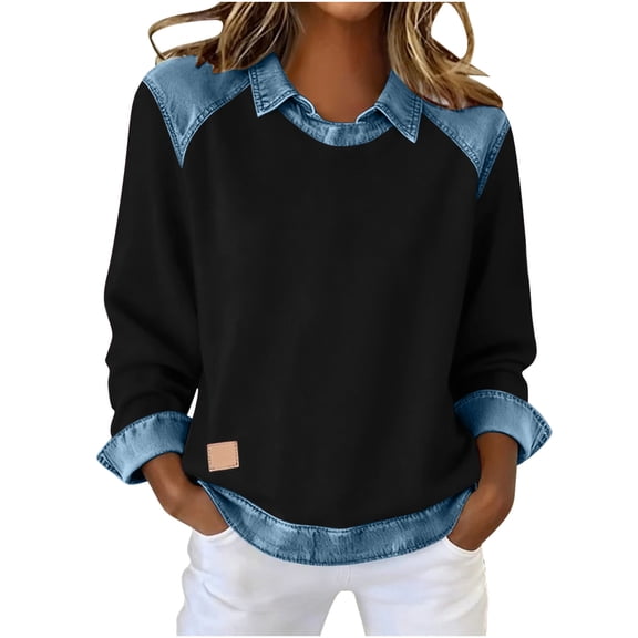 CHUMUD Women's Tops Denim Yoke Stitched Casual Long Sleeve Pullover Sweatshirt with Collar Retro Streetwear Spring Fall Outfits