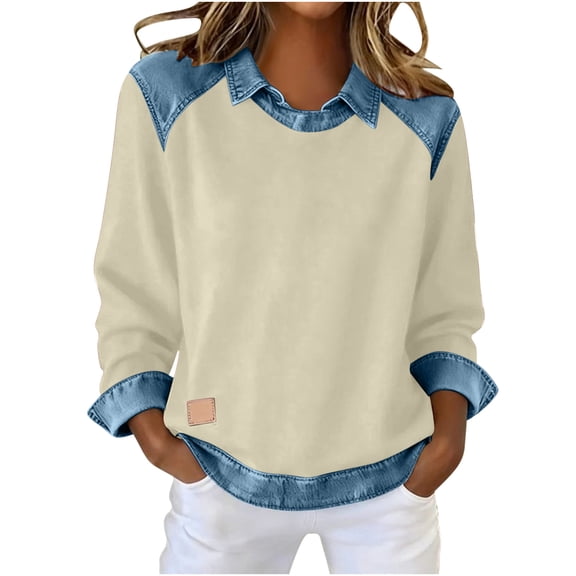 CHUMUD Women's Tops Denim Yoke Stitched Casual Long Sleeve Pullover Sweatshirt with Collar Retro Streetwear Spring Fall Outfits