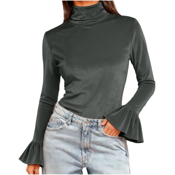 CHUMUD Women's Turtleneck Velvet Blouses Ruffle Long Sleeve Slim Fit Shirts Velour Tops Solid Color Casual Pullover Tunics